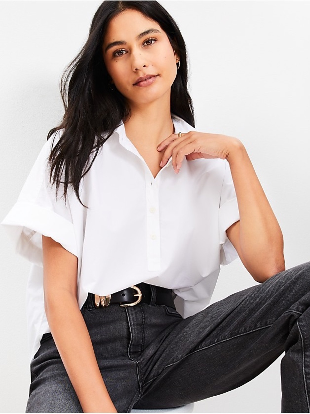 Loft White Short Sleeve Poplin Cotton Shirt Women M Medium